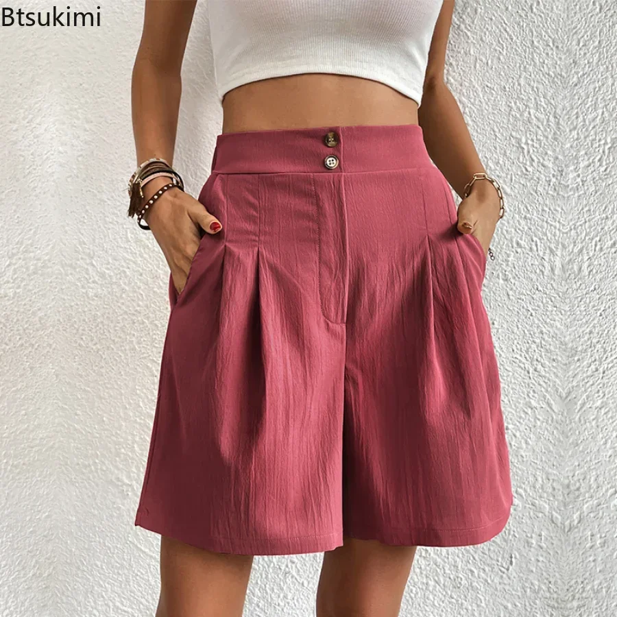 New 2025 Women's Summer Casual Shorts High Waist Solid A-Line Pocket Wide Leg Pants Female Loose Breathable Shorts Pants Women