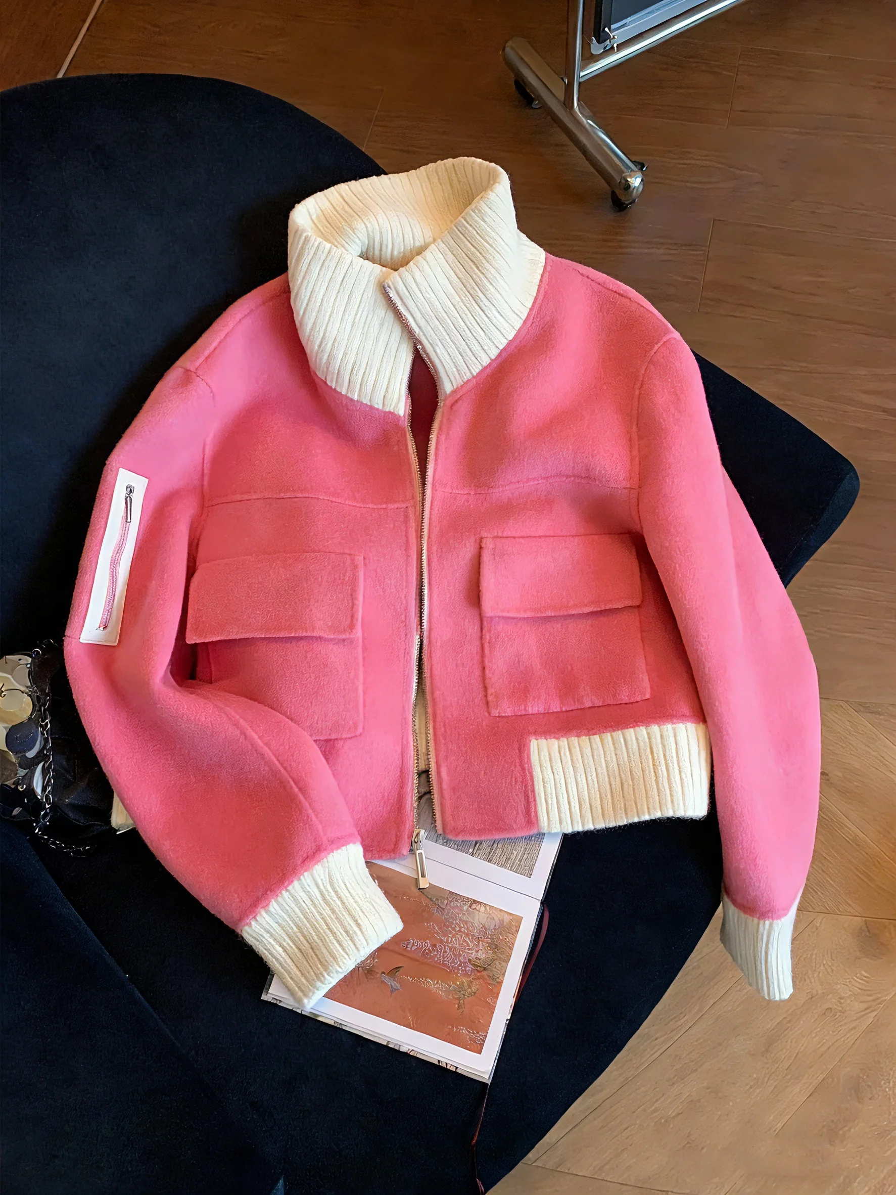 

Pink Sweet Heavy Embroidery Color Blo Stand Collar Baseball Jaet Women's Spring Autumn Casual Jae Top Polyester Fiber