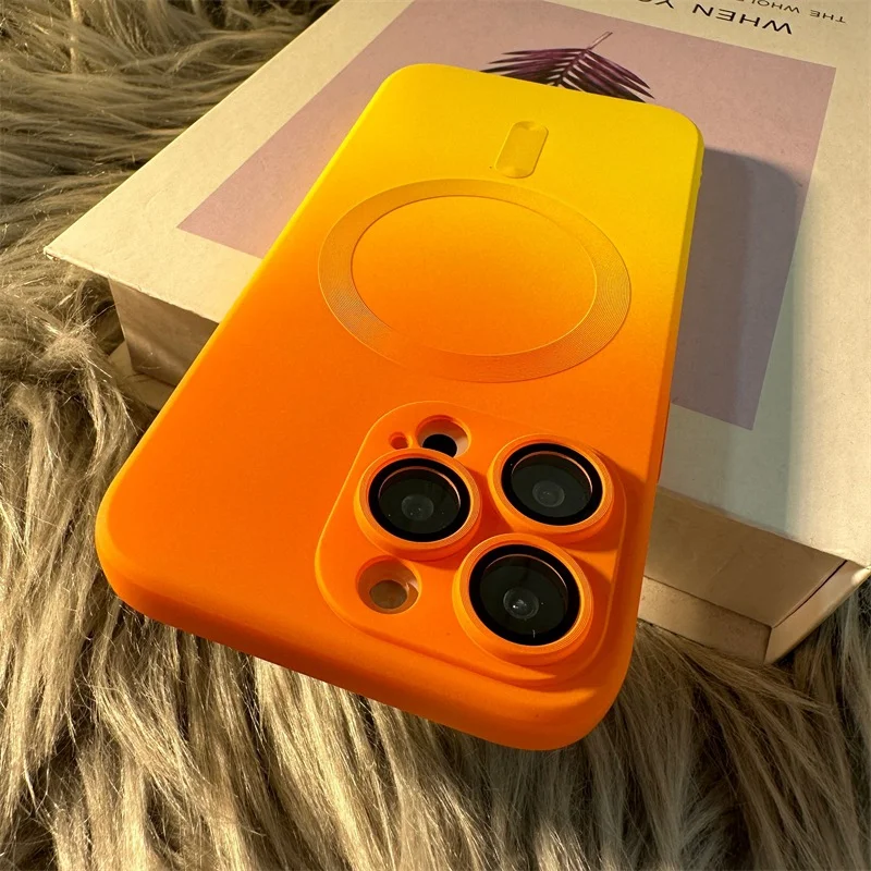 For iPhone 17 16 15 14 13 12 11 Pro Max Liquid silicone rubber magnetic phone case with gradient dual-color lens film 1D021