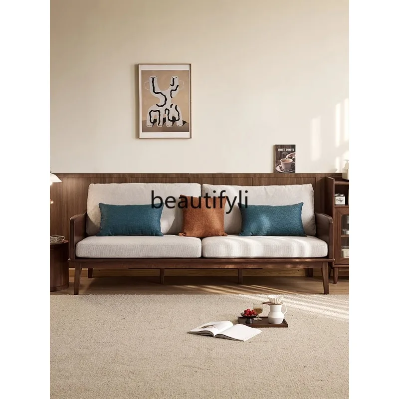 QQ132 North American black walnut sofa Nordic solid wood living room furniture three-person fabric sofa