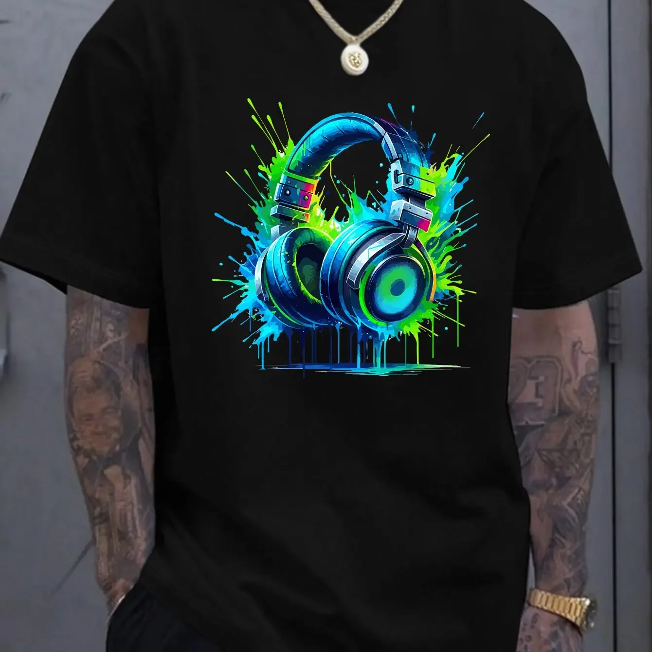 Unisex 100% Cotton Neon DJ Headphone T-Shirt with Splatter Paint EDM Music Pattern Hip Hop Rave Street Style Summer Top