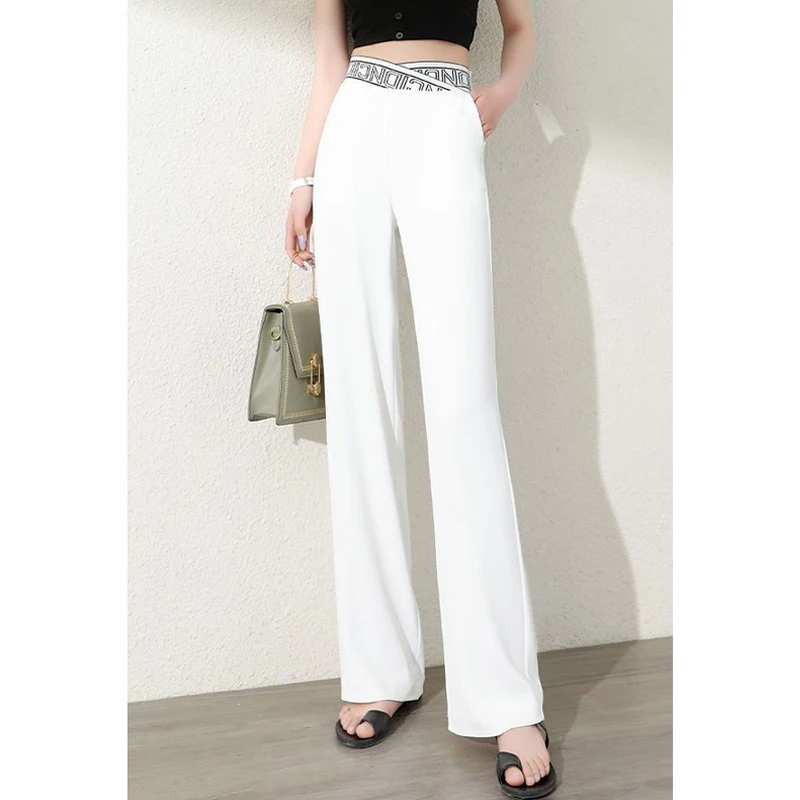 Women\'s Korean Fashion White Ice Silk Drapped Wide Leg Pants Summer Chic Elastic High Waist Straight Trousers Elegant Pantalones