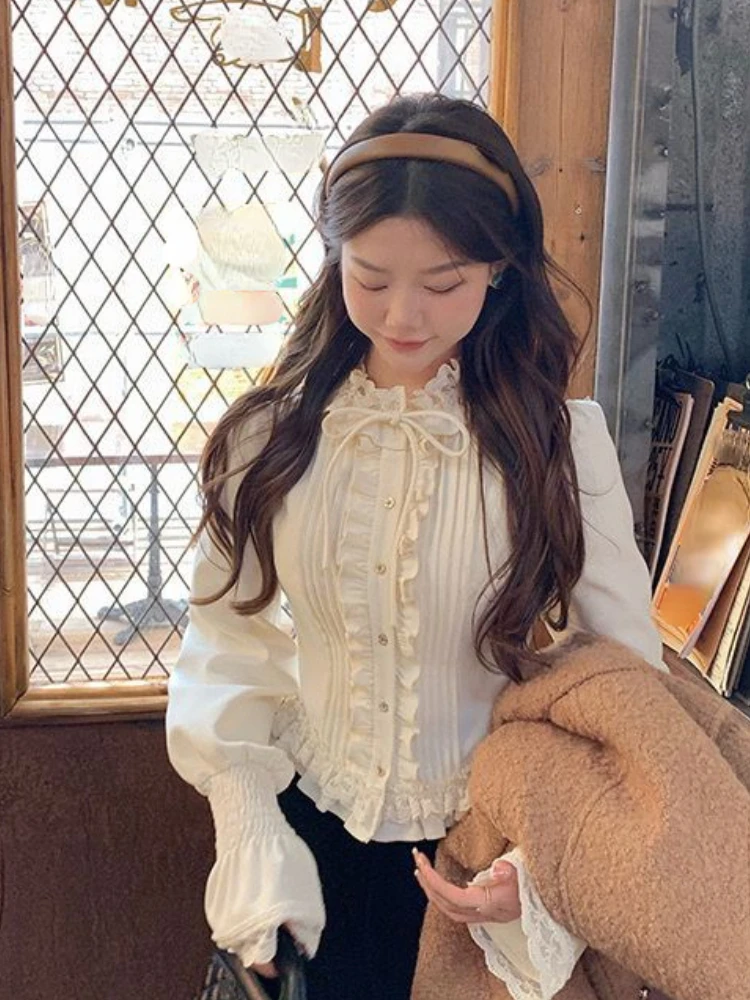 Flare Sleeve Vintage Elegant Shirts Women Ruffles Bandage Fairy Sweet Blouse Female Holiday Lace Korean Fashion Clothes 2023 New