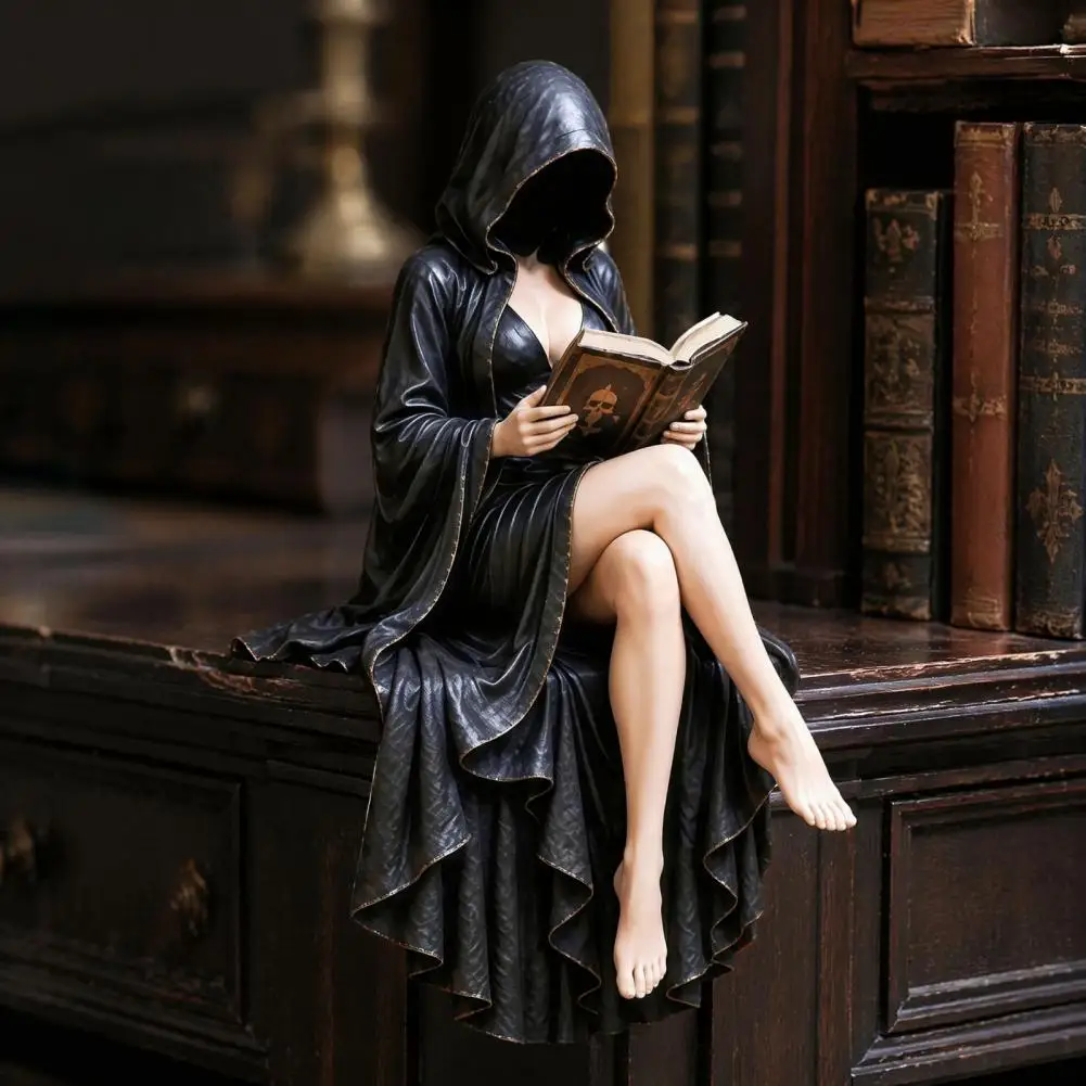 Dark Academia Room Accents Reader Statue Resin Figurine Hooded Skeleton Reaper Sitting Book Decor Dark Home Library Desk