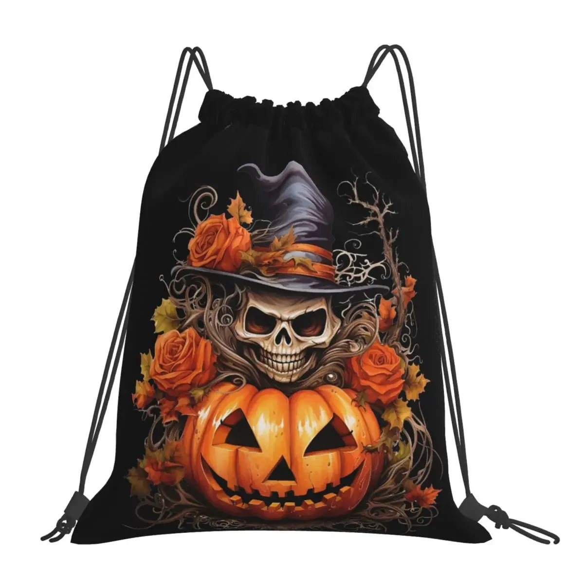 

Skull Wearing A Hat Sitting On A Pumpkin Backpacks Drawstring Bags Drawstring Bundle Pocket Sports Bag BookBag For Travel School