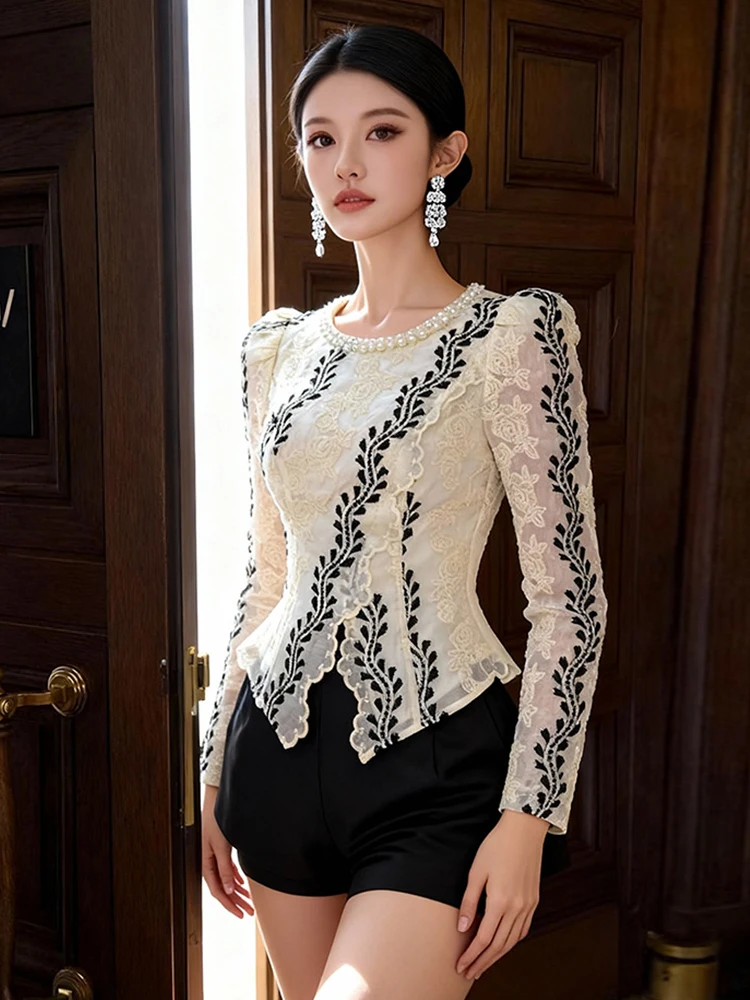 

New Women's Lace Embroidery Blouse Pearl O-Neck Tops Elegant Lady Sheer Long Sleeve Shirt Mujer Party Daily Wear Clothes Fashion