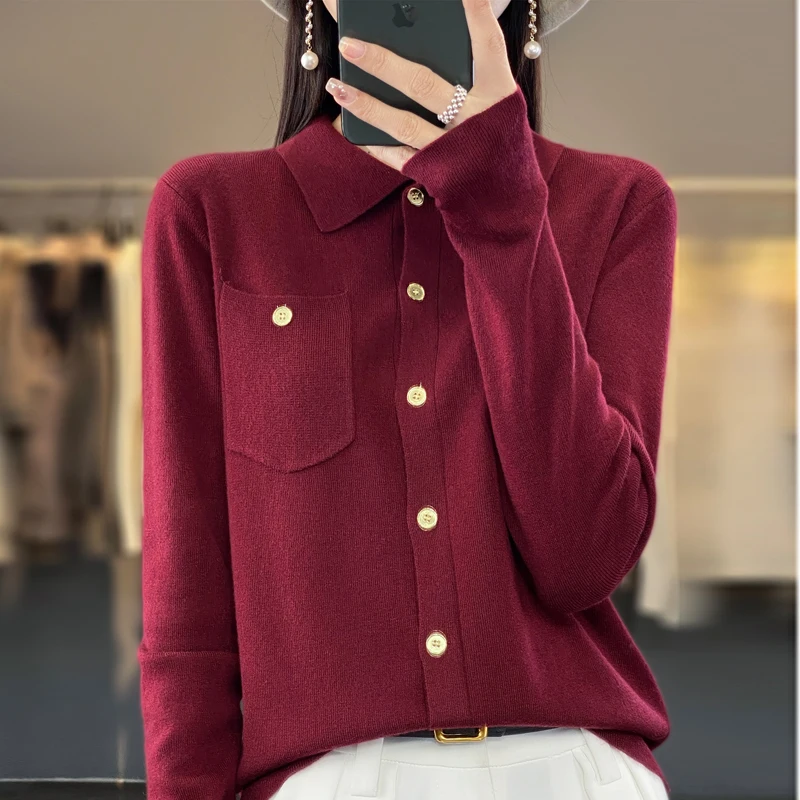 Women\'s Cardigan With Pocket Spring And Summer New Lapel Shirt Fine Imitation Wool Sweater High Street Coat Top Long Sleeves