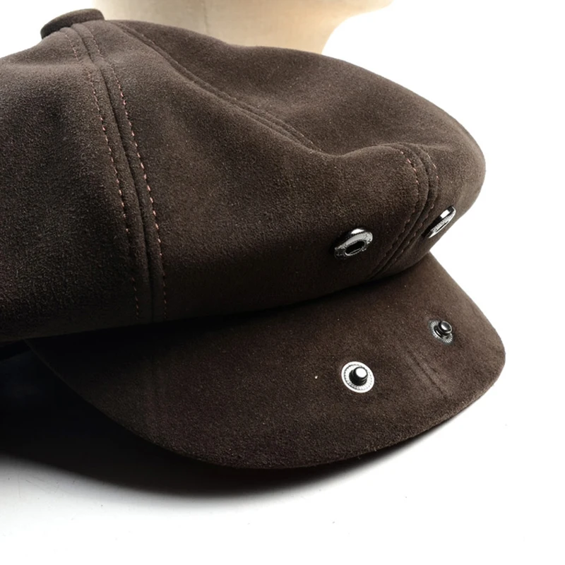 Suede Octagonal Beret Cap Men Women Winter Fashion Casual Newsboy Hat Genuine Leather Warm Coffee Boina Hombre