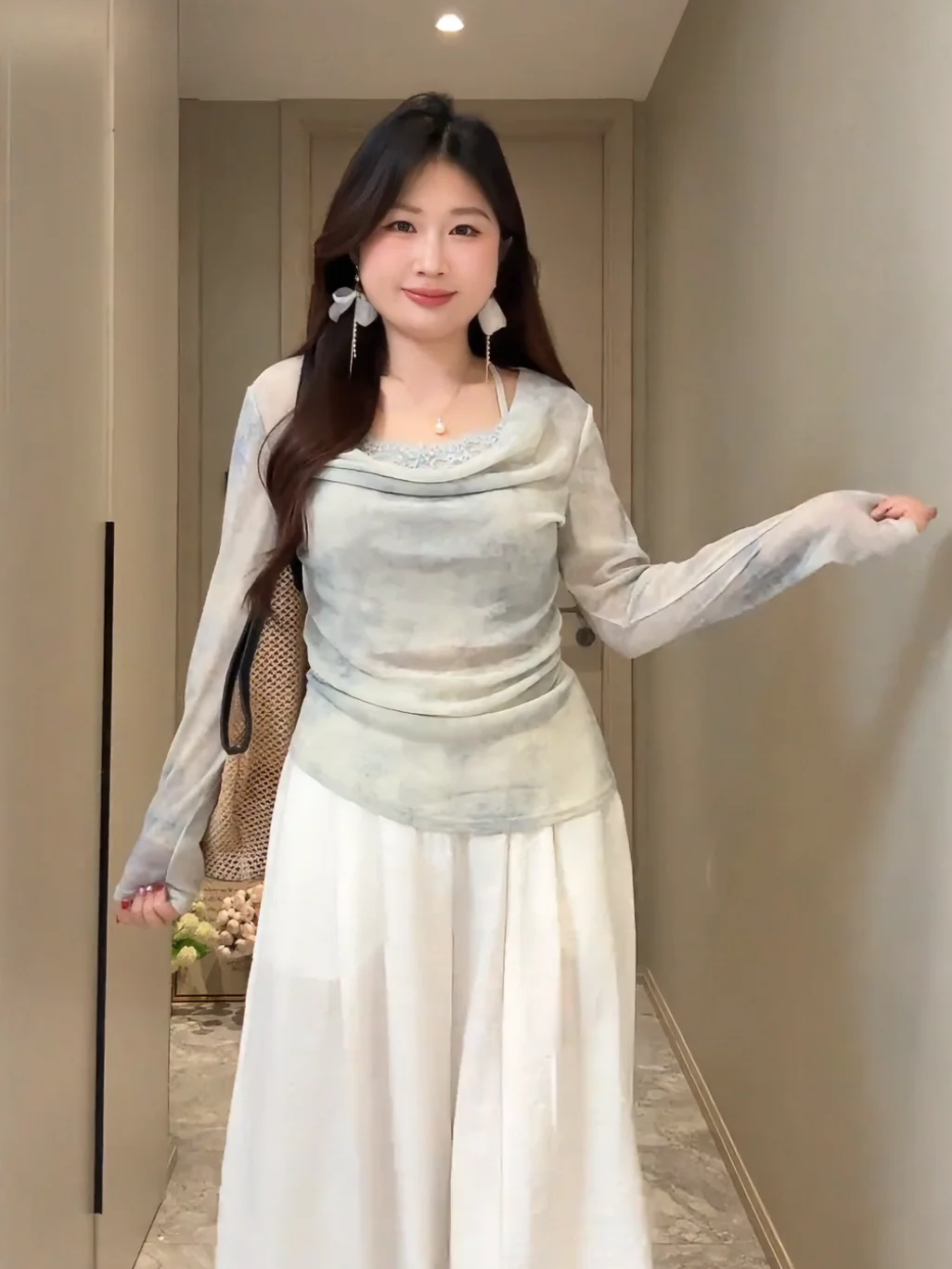 

plus Size Lazy Style Tie Dye Long Sleeve T-Shirt Women's Summer Slimming Neck Hanging Two-Piece Effect Top Korean Style Commute