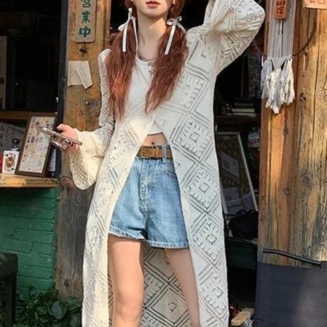 Cárdigan de punto calado bohemio para mujer, blusa informal larga de verano 2025