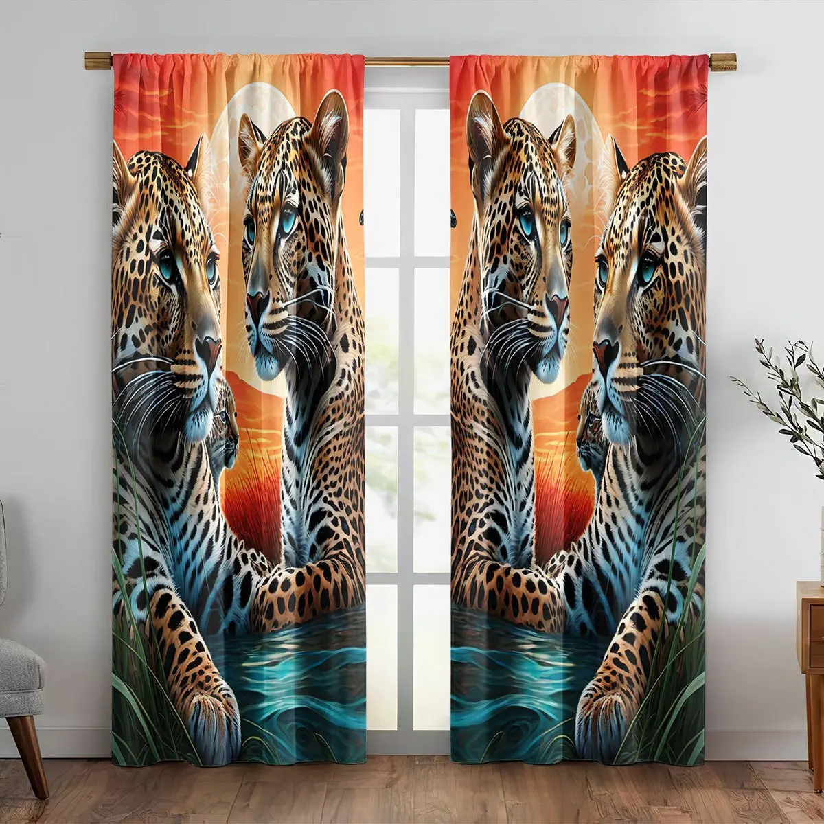 Leopard Curtain, 3D Wild Animal Print Drape, Sunset Jungle Cat Window Treatment for Living Room Bedroom Home Decor