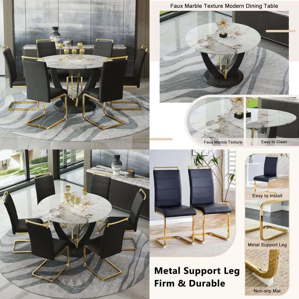 

6-Piece 42 Marble-Top Dining Set with Upholstered Chairs for Kitchen, Living Room, Cafe, Restaurant