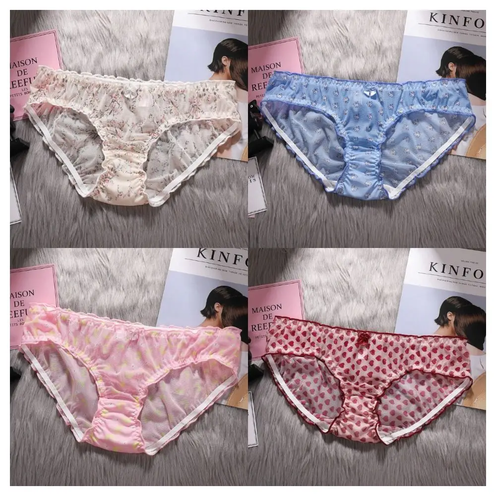 Comfortable Strawberry Mesh Ruffle Briefs Heart Flower Women's Underpants Cotton Crotch Sweet Transparent Panties Students