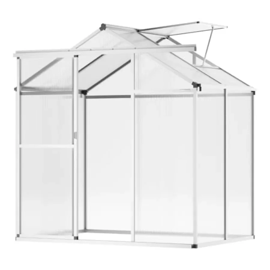Outdoor greenhouse for gardening: polycarbonate panels, green color, adjustable vent windows and sliding door, aluminum frame,