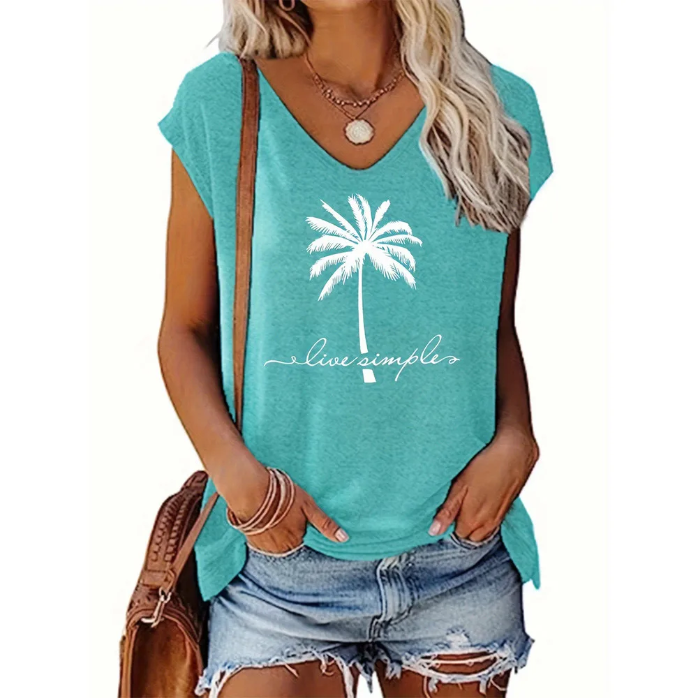 Summer Cool And Fashionable Coconut Tree Pattern Printed Women's V-neck Tank Top Casual Elegant And Breathable Beach Clothing