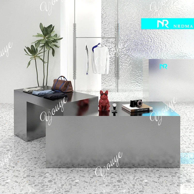 J Clothing Store Assembly Table, Stainless Steel Brushed Display Table, Product Placement Display Stand