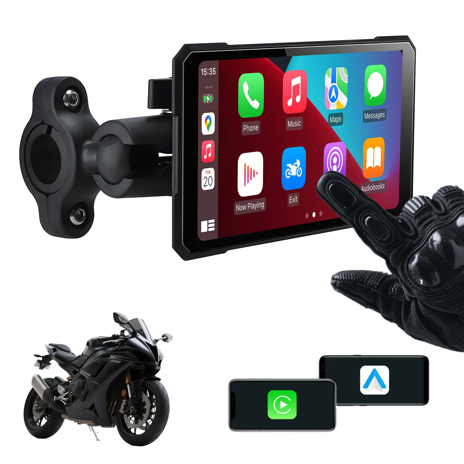 Pantalla Inteligente para Motocicleta de 5 Pulgadas, Apple CarPlay y Android Auto Inalámbricos, Soporte de Navegación, Siri y Asistente de Google, Resistente al Agua IP67
