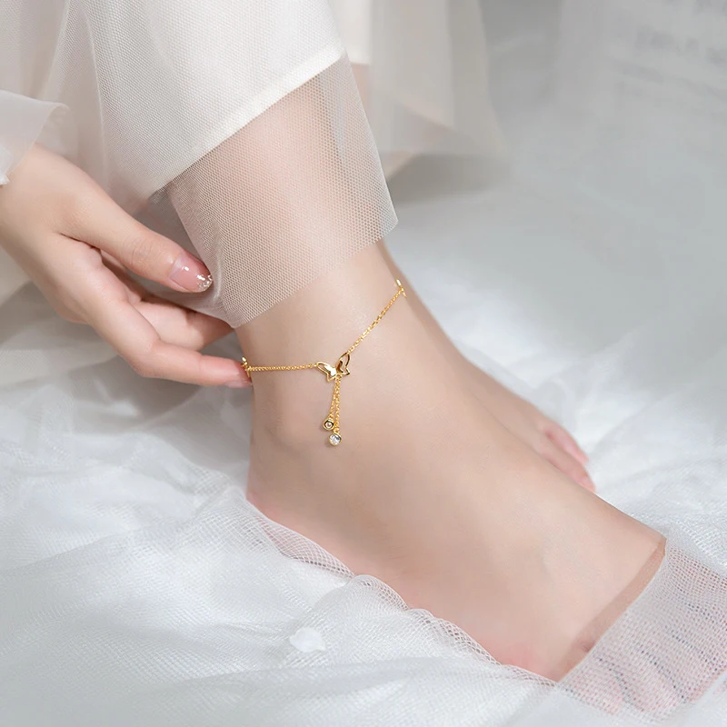 Modian Radiant Zircon Cute Butterfly Tassel Luxury Anklet for Women   925 Sterling Silver Adjustable Anklet Insect Fine Jewelry