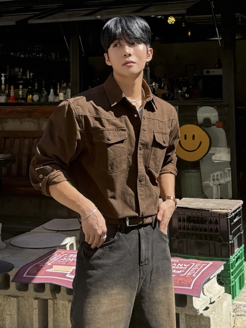 Retro Workwear Style Long Sleeve Casual Shirt Men's Autumn Collar Multi-Pocket Commute Outerwear Korean Style Polyester Cotton