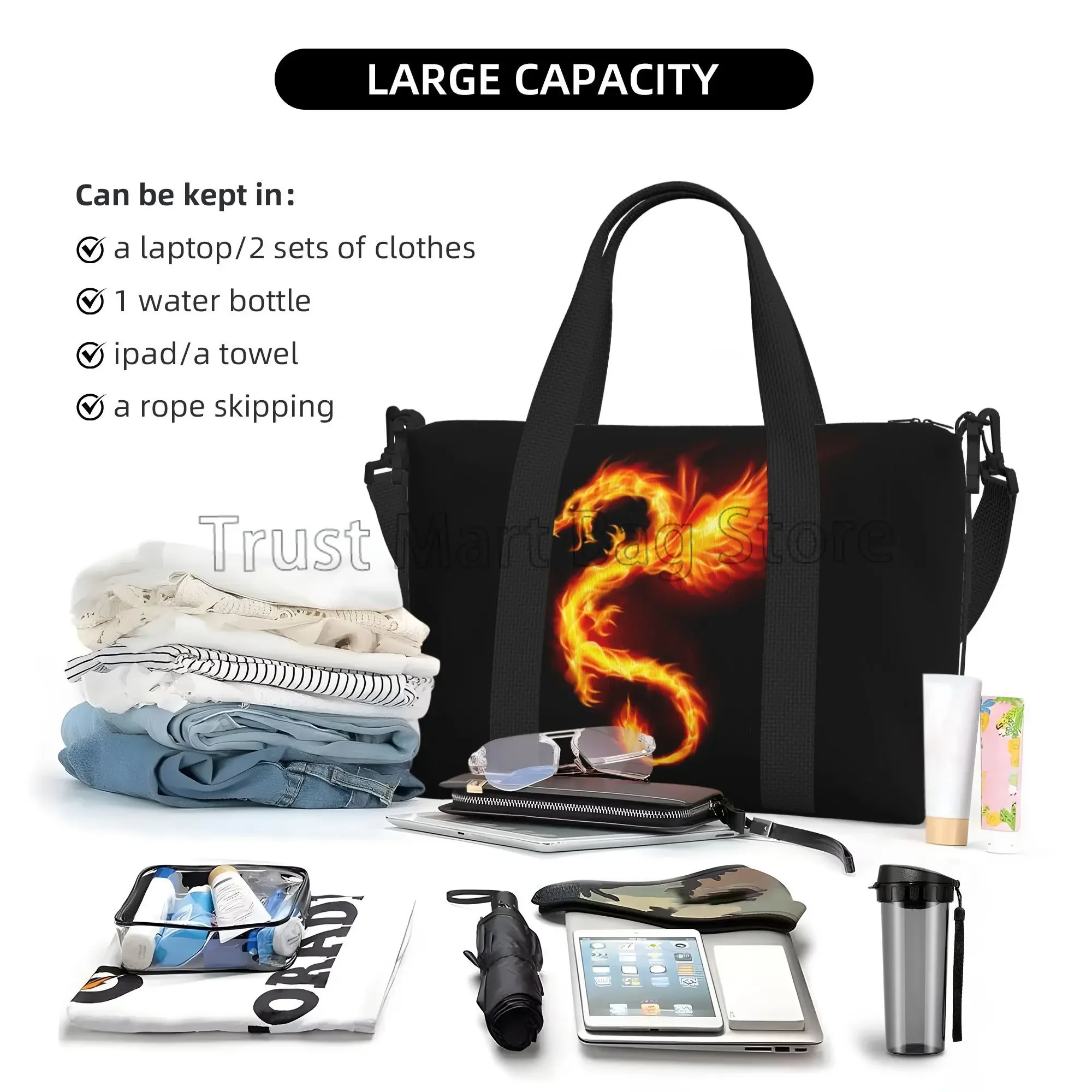 드래곤 화재 인쇄 여행 가방 남여 스포츠 체육관 여행 더플 백 조절 가능한 스트랩이있는 방수 Weekender 밤새 가방