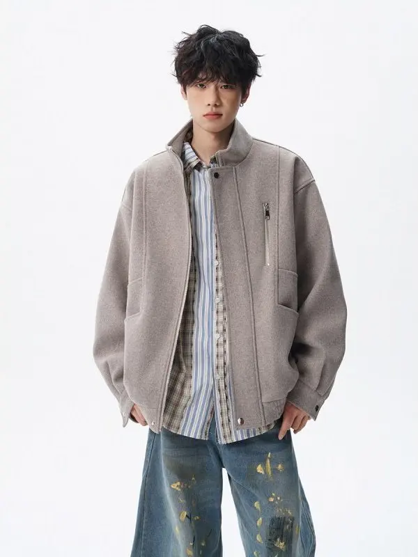 レトロアメリカンデコンストラクトジャケットメンズカジュアルオーバーサイズウールコートルーズフィットスタンドカラー秋トレンドブランド