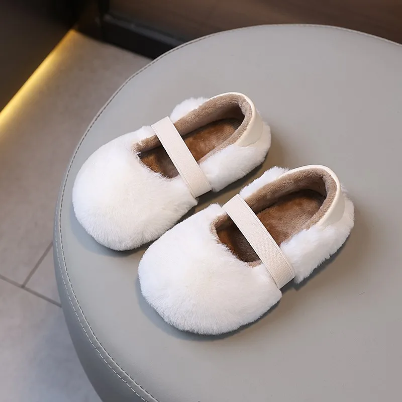 Winter Children's Shoes Solid Color Round-toe Girls Plush Shoes Outdoor Warm Slip-on Kid Fashion Causal Cotton Shoes Furry Hairy