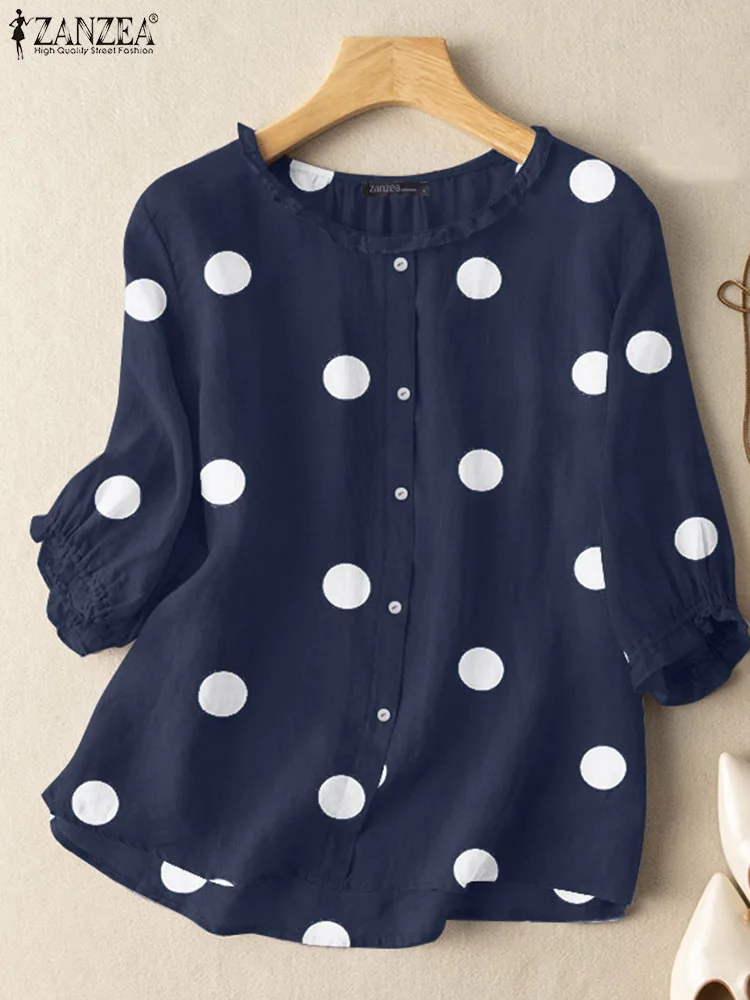 

Women Vintage 3/4 Sleeve Polka Dot Printed Blouse ZANZEA 2023 Autumn Shirt Casual Ruffles Party Holiday Blusas Female Tunic Tops