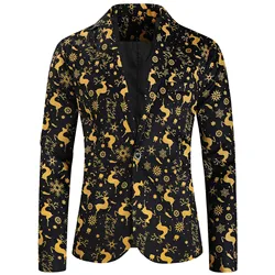 Men's Fashionable Leisure Christmas Printed Buttons Long Sleeve V Neck Suit Coat With Pocket Slim Fitting Outwear Blouses