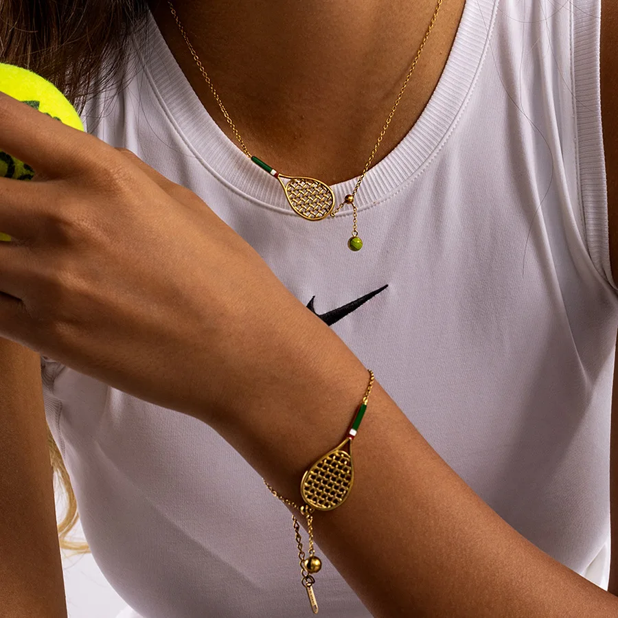 Sports Necklace for Women Girls Stainless Steel Colorful Enamel Tennis Racket Pendant Necklace Bracelet Set Jewelry Accessories