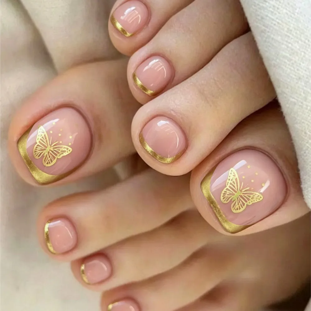 

120Pcs Short Square Press On Toenails Nude Pink French Tip with Gold Butterfly Design Reusable Full Cover Fake Toenail for Women