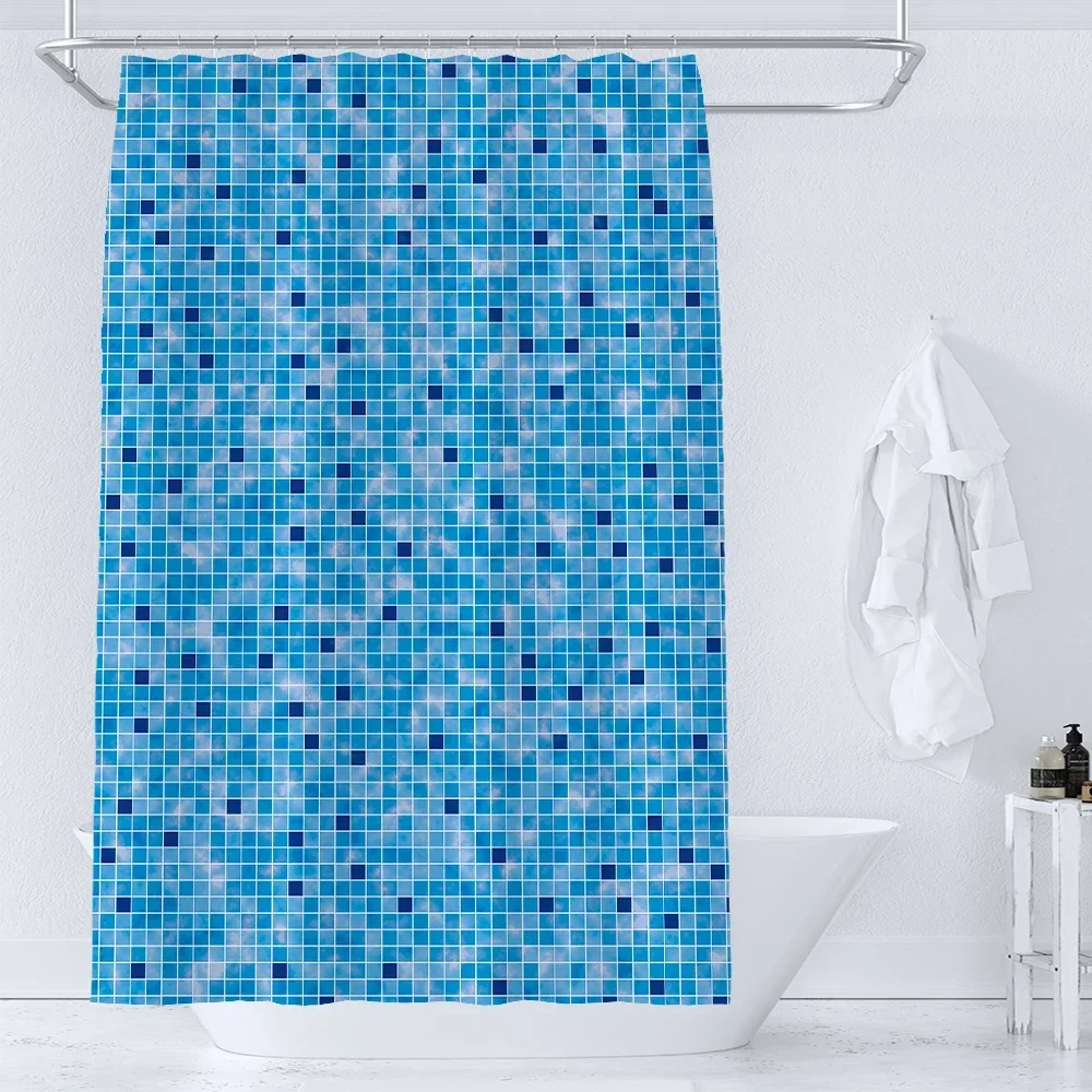 Blue Mosaic Pattern Shower Curtains Waterproof Polyester Bath Curtain Geometrical for Bathroom Home Decor Curtain with Hooks