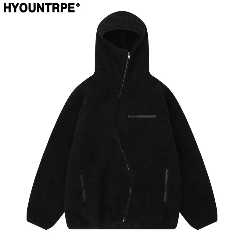 High Street Fleece Hooded Jackets and Coats New Casual Warm Hoodies Hairy Curved Zipper Outerwear Streetwear Winter Jackets Men