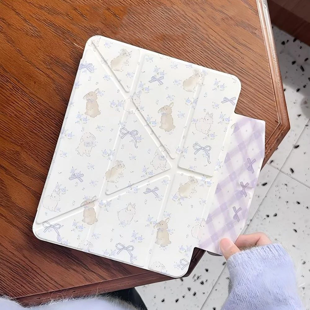 Purple Floral Bow Rabbit Table Case For iPad Pro 11 12.9 13 A16 M2 M3 M4 M5 Shell 9.7 5/6/7/8/9/10/11th Mini Air 3 4 5 Cover