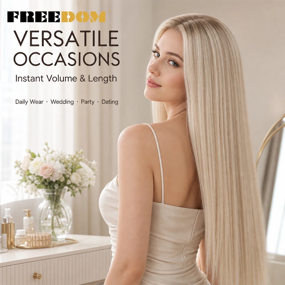 FREEDOM Synthetische Clip-In-Haarverlängerungen, 7 Stück/Set, 18"-22" Zoll, lange, glatte, Ombré-braune und blonde Haarstücke für den täglichen Gebrauch von Frauen. – Detail 1