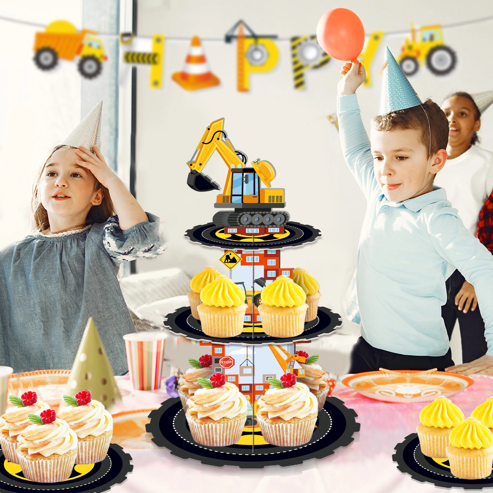 Cartoon Truck Construction Birthday Party Cake Display Stand and Cupcake Wrappers Cake Toppers DIY Baby Shower Party Decors