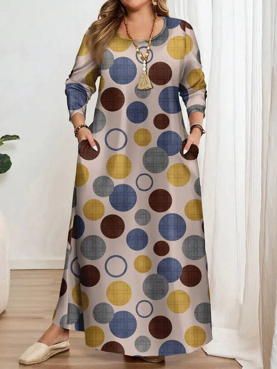

Polka Dot Print Long Sleeve Crew Neck Maxi Dress for Women