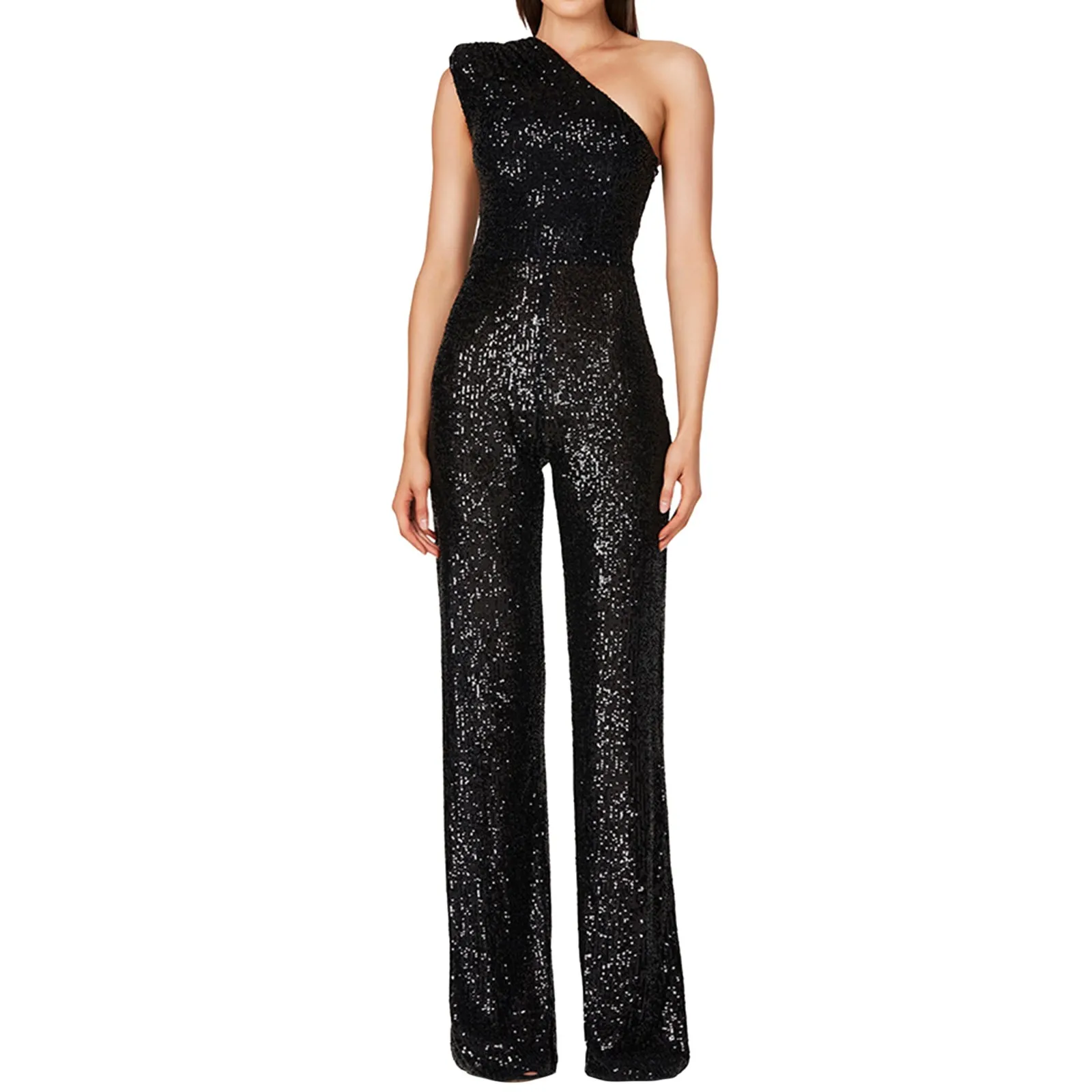 

Women Jumpsuits New Hot Style Fashionable Sexy Open Back Slanted Neck Sequin Zipper Straight Leg Casual Pants Summer Jumpsuits