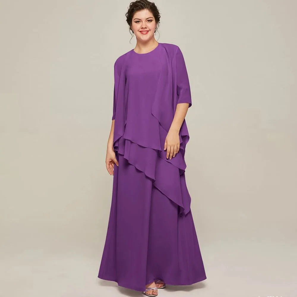 Elegant Two Piece Purple Chiffon Mother Of The Bride Dresses For Weddings  Floor Length Formal Party Evening Dress With Coat