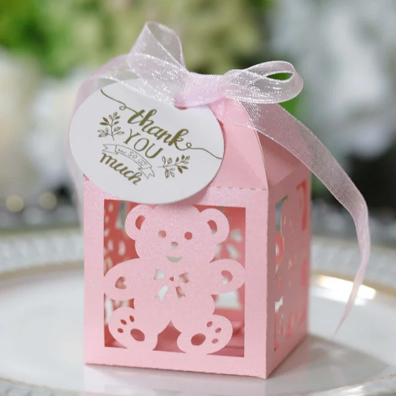 25/50/100pcs Candy Boxes for Baby Shower Birthday with Thank You Tags Ribbons Cute Bear Packaging Box for Chocolate Party Decor