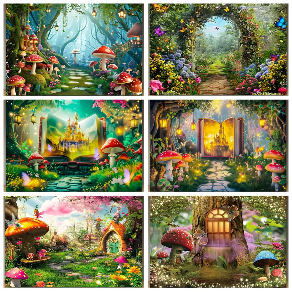 Fondo de bosque encantado de cuento de hadas, Fondo de fotografía para fiesta de cumpleaños de bebé, seta de la selva de ensueño, país de las Maravillas, estudio fotográfico