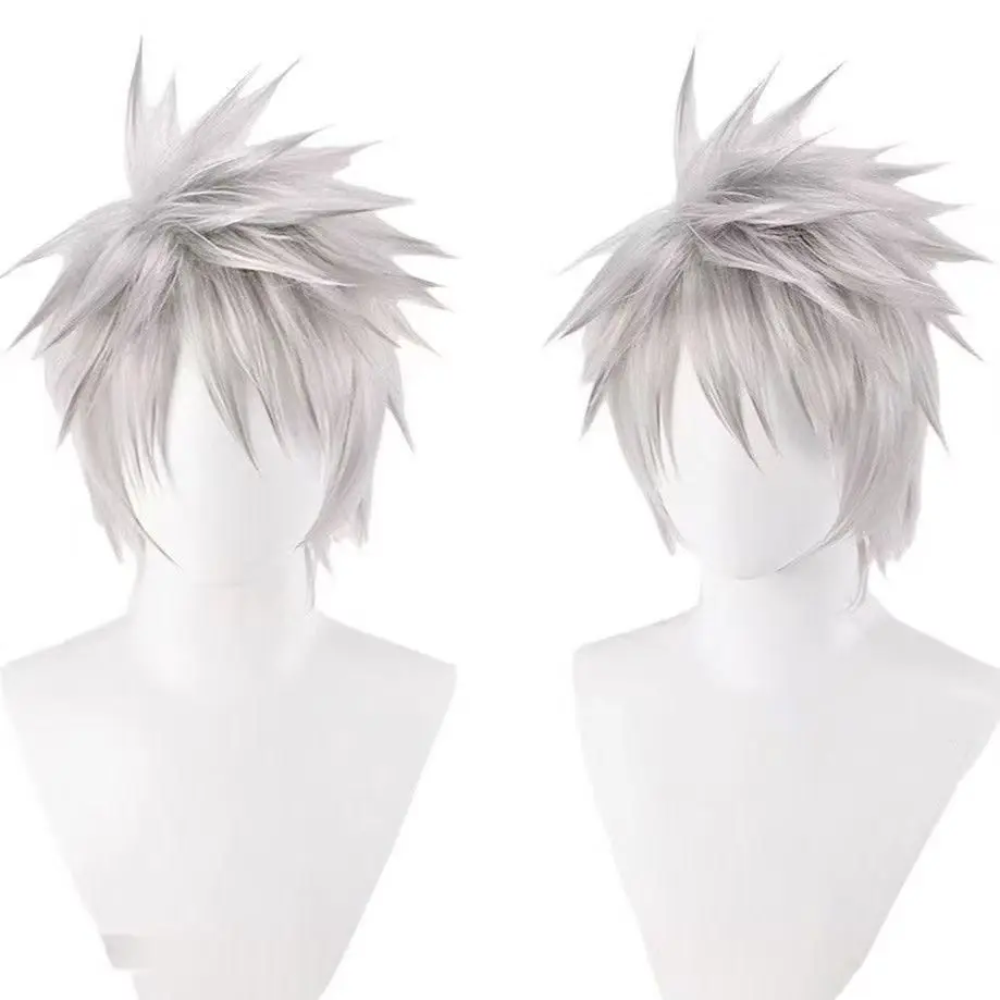 Hatake Kakashi Cosplay Wig White Spiky Short Synthetic Hair For Halloween Anime Costume Party Heat Resistant With Wig Cap