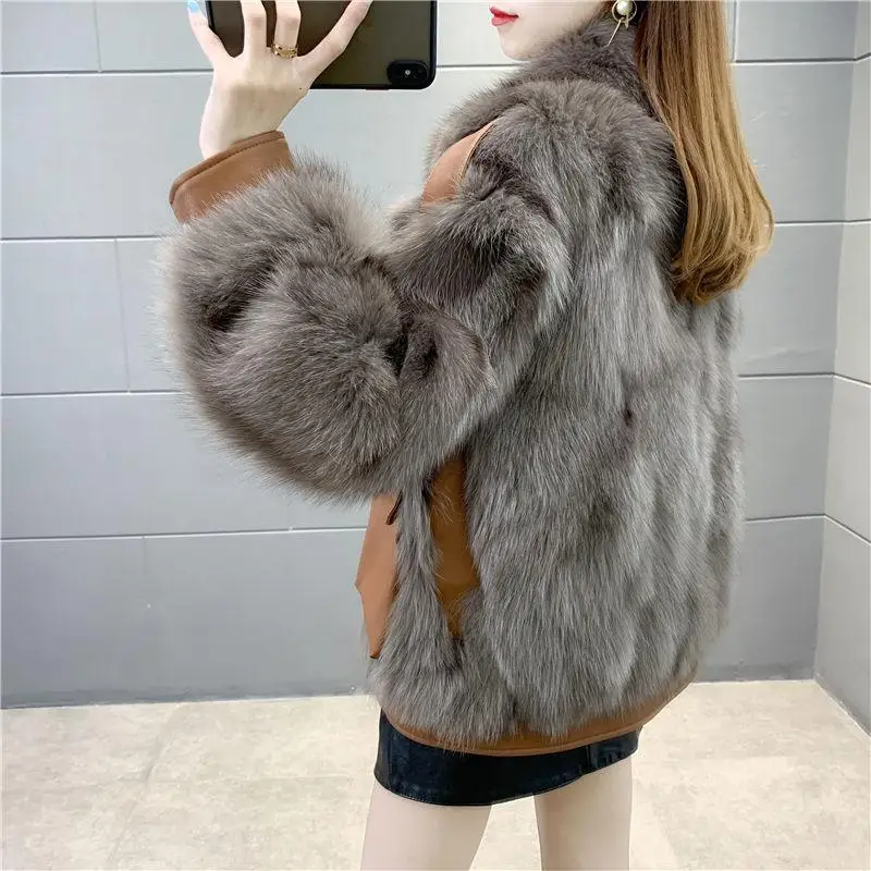 2025 Autumn Winter New Faux Fox Fur Fur Jacket Women Overcoat Korean Short Fashion Loose Stitching Fur One-Piece Fur Jacket Tops