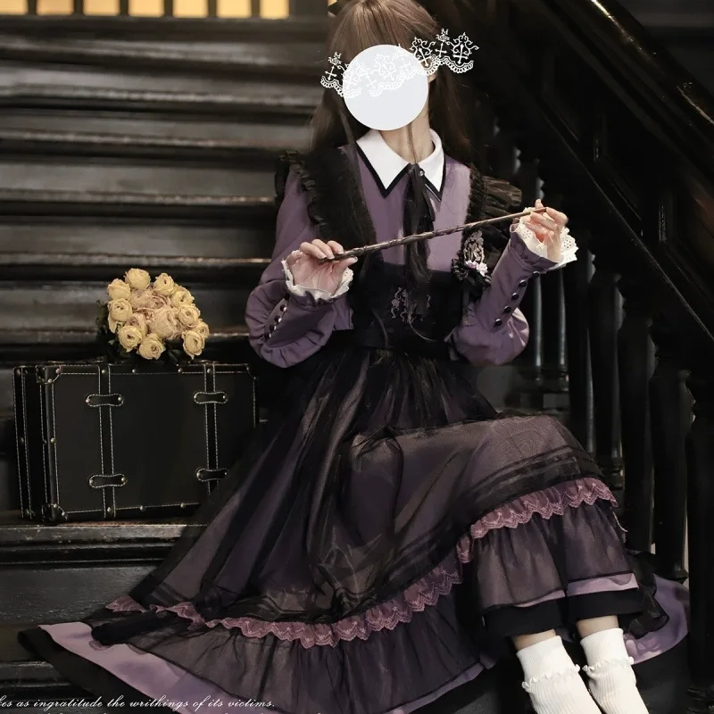 빅토리아 고딕 로리타 Jsk 드레스 여성 할로윈 Y2k 박쥐 칼라 셔츠 모직 공주 드레스 빈티지 펑크 하라주쿠 파티 드레스
