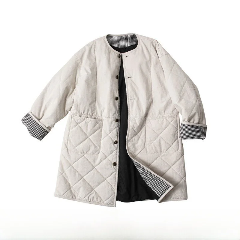 

Bebe Home Japanese Style Beige Long Diamond Pattern Cotton Jacket Women's Loose Warm Cotton Outerwear Winter New Arrival
