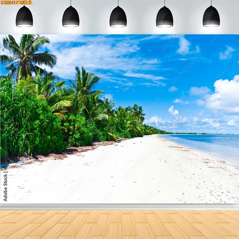 

Beautiful Paradise Island Coconut Palm Tree Sunrise Backdrops Maldives Tropical Beach Sea Blue Sky Summer Background AB-07