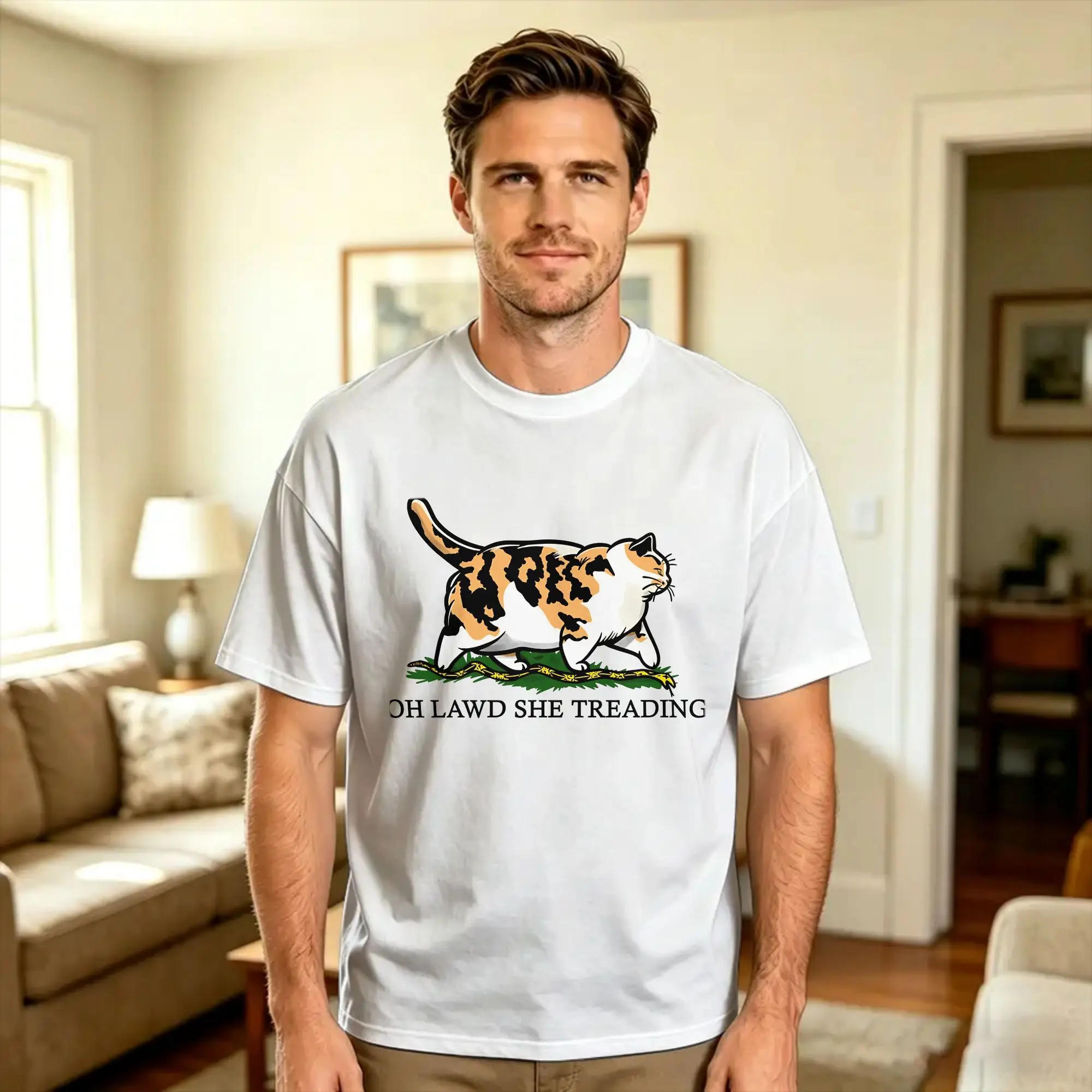 Men's Oh Lawd She Treading Calico Cat T Shirts Cotton Clothing Summer Y2K Fun Short Sleeve T Shirt Round Neck Harajuku Tee Shirt