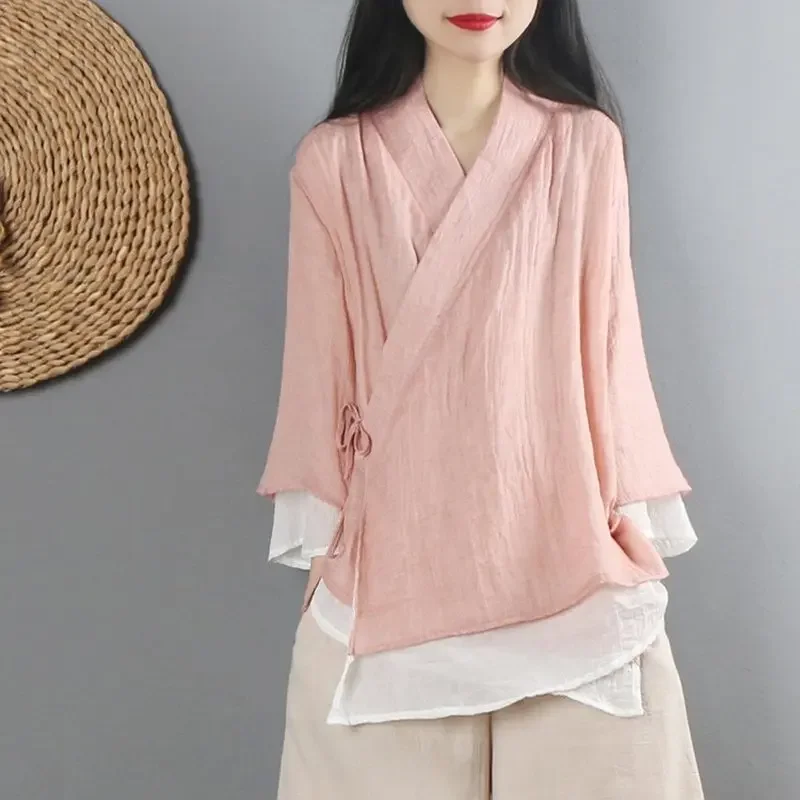 Women Linen Shirt Tops Chinese Style Vintage Retro Shirt Cardigan Coat Fairy Tai Chi Uniform Tang Suit Breathable Casual Hanfu