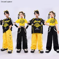 Girls Hip Hop Yellow Crop Top Cargo Pants Clothes Sets Boys Street Dance Contrast T-shirt Kids Jazz Costumes Children Streetwear