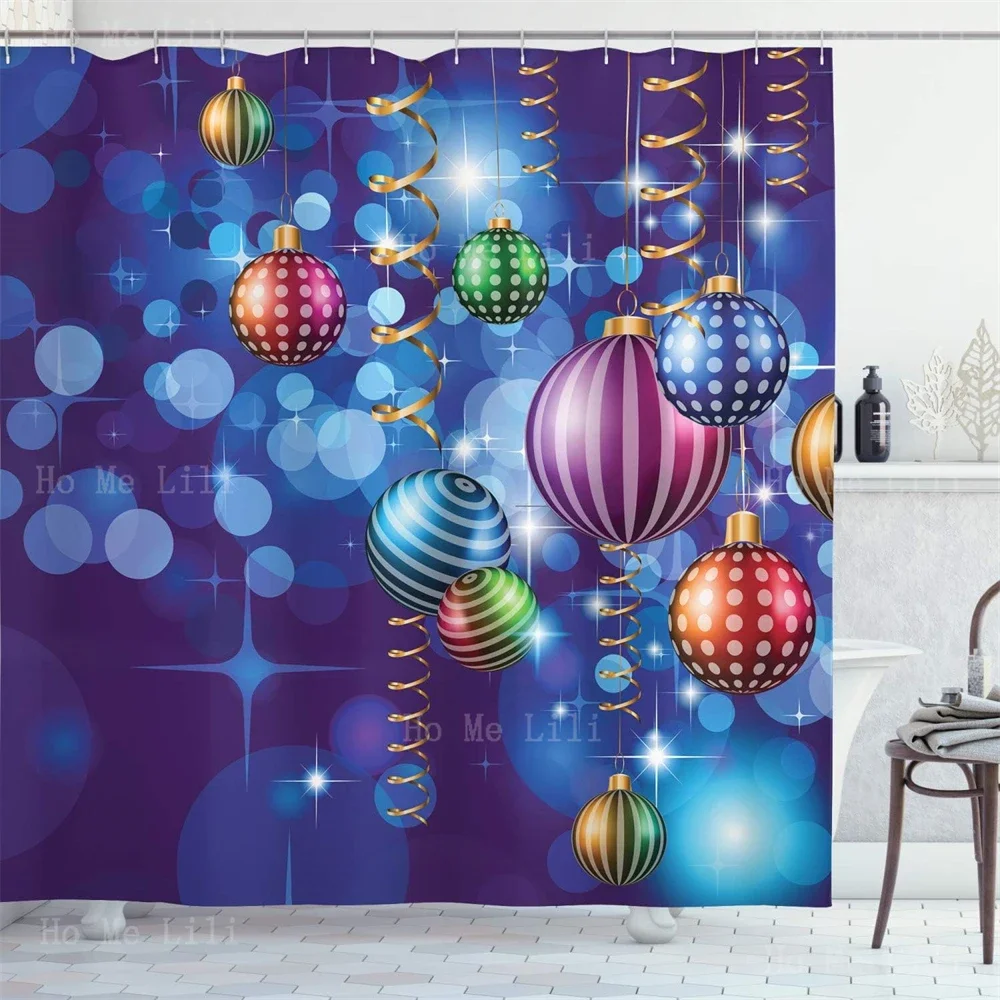 Merry Christmas Monster Happy New Year Party Celebrations Swirling Ornaments And Balls Print Shower Curtain