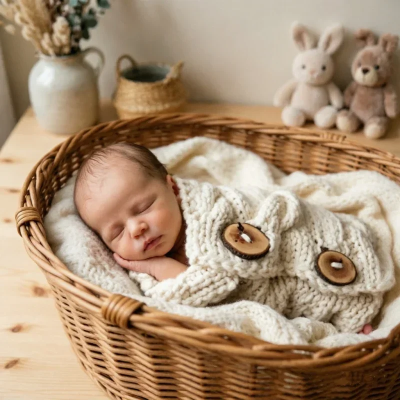 Thick Knit Swaddle Outfit Wooden Button Knitted Wrap Styling Cloth For Full Month Hundred Day Portrait Photography Studio